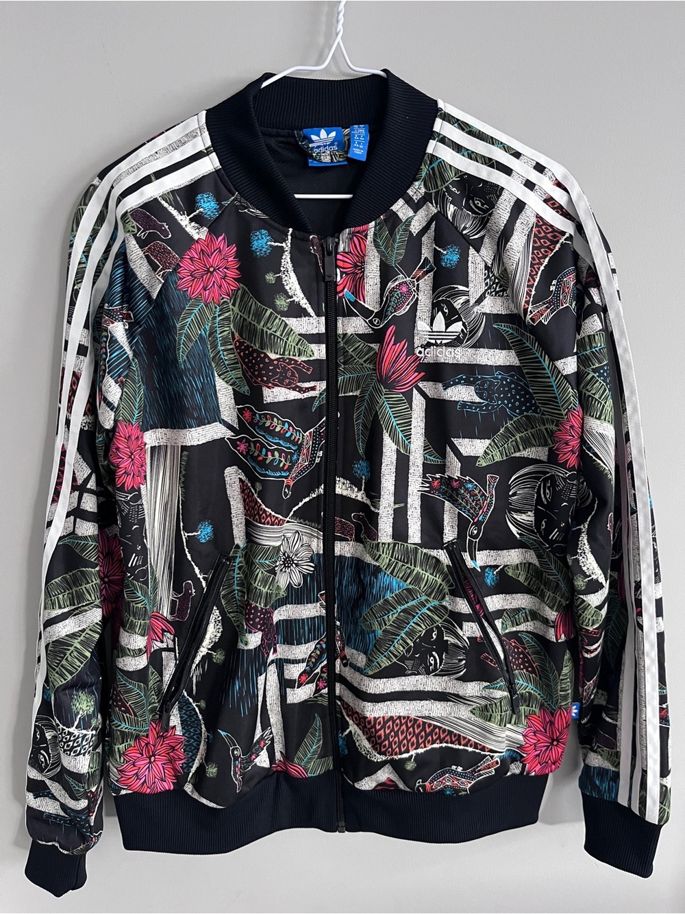 Adidas Floral Jungle Graphic Track Jacket - Black with Pink & Green Y2K Vibes
